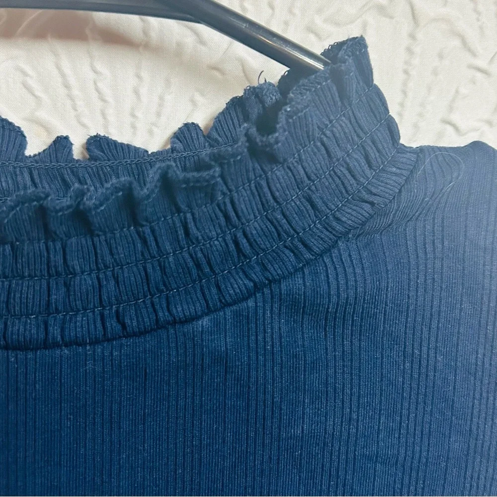 Loft XL Ribbed Navy Ruffle Neck Top - Picture 3 of 5